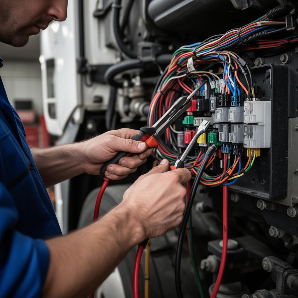 Mechanik naprawiający instalację elektryczną samochodu ciężarowego